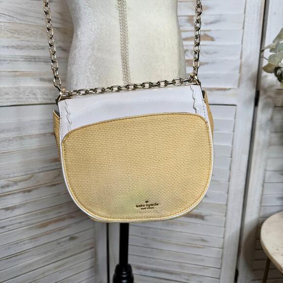 KATE SPADE Robyn Medium Chain Saddle Bag White Dove Leather Straw Nightcap - Picture 3 of 13
